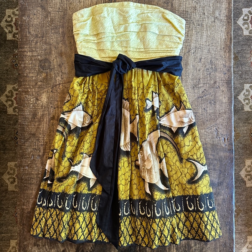 Strapless Chartreuse Fish Print Dress from Anthropologie